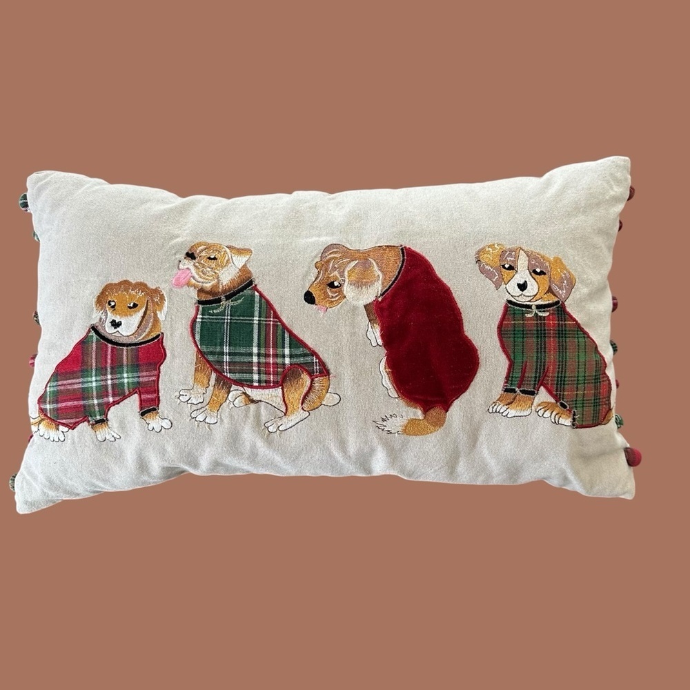 Pier 1 One Rectangular Christmas‎ Dogs Pillow Home Decor Holiday Embroidered